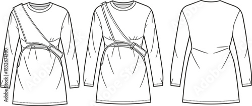 Vector technical flat illustration of women’s long-sleeve tunic top featuring crossbody belt accessory with detailed front, angled, and back garment views