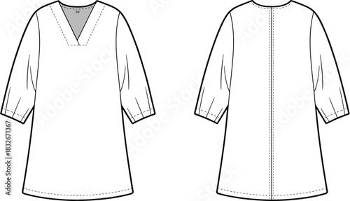 Women’s tunic dress fashion flat with V-neckline, half sleeves, stitching details, front and back technical vector illustration for apparel design
