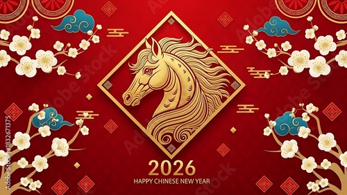 Golden horse emblem for 2026 happy chinese new year celebration on red background