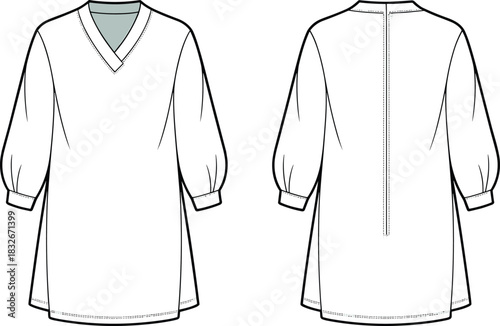 Women’s tunic dress fashion flat with V-neckline, long gathered sleeves, cuff details, front and back technical vector illustration for apparel design
