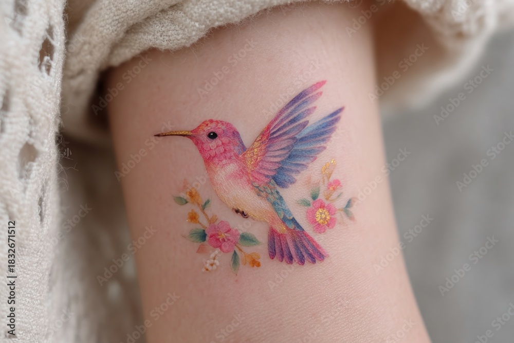 Fototapeta premium Hummingbird Tattoo: A vibrant hummingbird design is delicately inked onto the skin, showcasing a beautiful floral composition in vivid colors, a celebration of body art and nature's elegance.