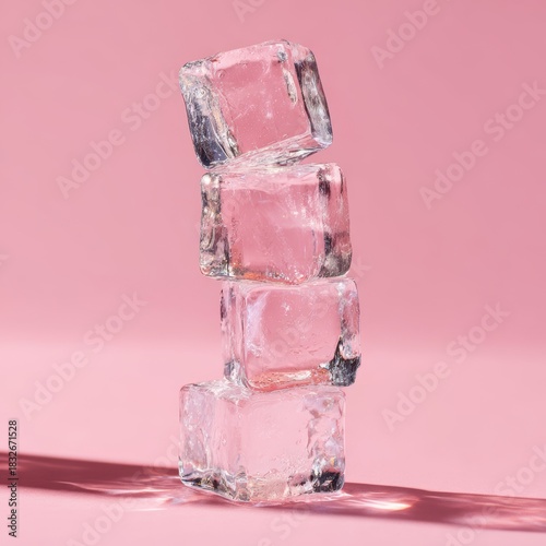Tower of refreshing ice cubes against a vibrant pink backdrop, cool and crisp.