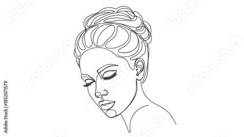 One line art continuous drawing of a woman's face, minimalist elegant sketch with closed eyes, a refined and abstract portrait style