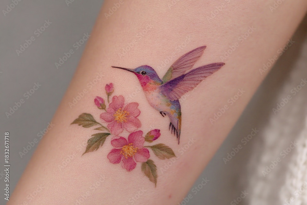 Fototapeta premium Hummingbird Tattoo: A vibrant hummingbird hovers near delicate pink blossoms, creating a moment of tranquil beauty and artistic expression.