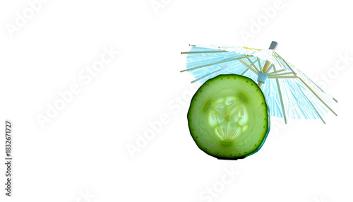 Cucumber slice with a cocktail umbrella against a black background
