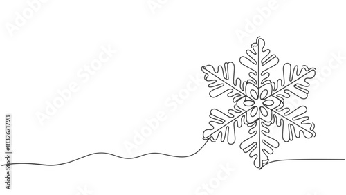 A Single Line Drawing of a Snowflake in Continuous Line Art Style, Representing Winter's Delicate Beauty and the Ephemeral Nature of Snow