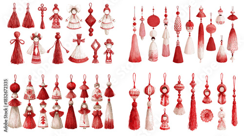Illustration set of red folk tassel figures and ornaments with handcrafted details, fabric textures and traditional cultural motifs. Ideal for decorative themes and festive craft projects.