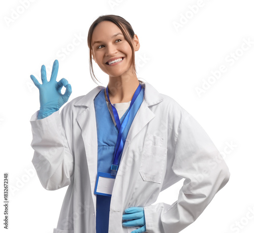 Female doctor showing OK on...