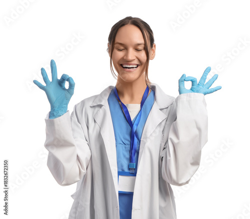 Female doctor showing OK on...