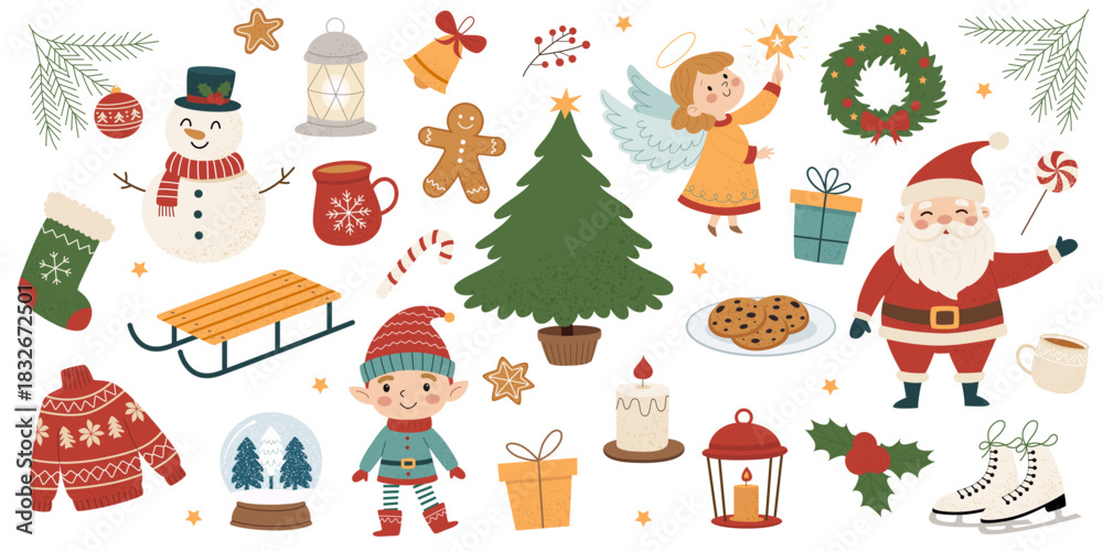 Fototapeta premium Christmas vector set with Santa Claus, snowman, elf, angel, gifts, and festive holiday elements - cozy winter illustration collection