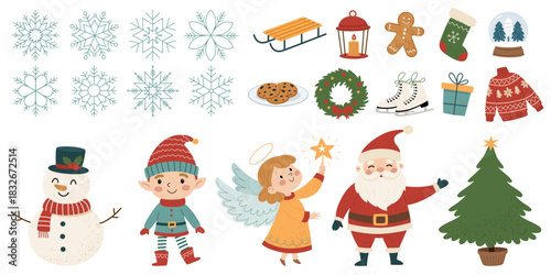 Christmas vector set with Santa Claus, angel, elf, snowman, snowflakes and cozy winter holiday elements.