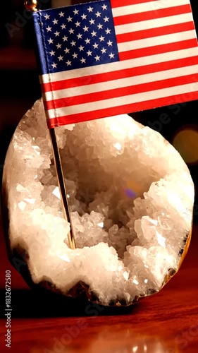 American flag on a crystal geode with soft lighting and reflection conceptual representation