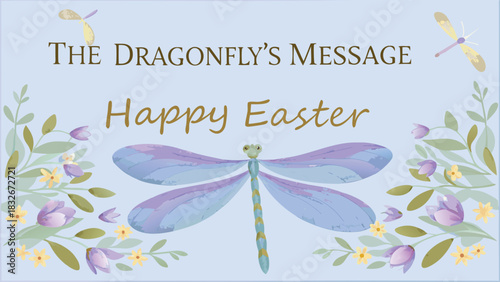 Whimsical dragonfly s message happy easter greeting card with delicate flowers and soft pastel colors