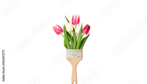 Paintbrush holding colorful tulips, set against a stark black background