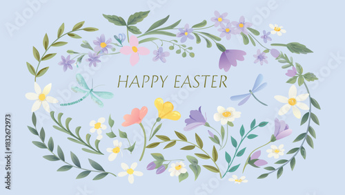 A whimsical and delicate floral border with dragonflies and the text happy easter on a soft blue background perfect for spring celebrations and greeting cards