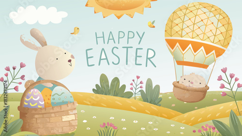 Happy easter greeting card featuring a cute bunny with a basket of painted eggs and a small animal in a hot air balloon flying over a spring landscape with flowers and a sunny sky
