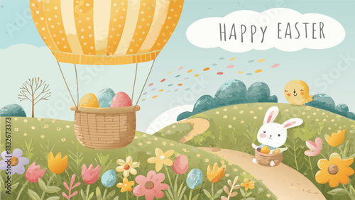 Whimsical easter illustration featuring a hot air balloon carrying easter eggs a cute bunny and a chick in a spring landscape with colorful flowers and rolling hills