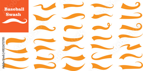 Baseball Swoosh Font Tail Vector Set. Swash Sport Underline Curve Text Line Tails. Vintage Brush Ornament Wave Swirl Typography Elements. Curly Alphabet Varsity Stroke Decoration Graphic Collection