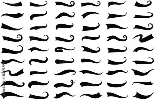 Swoosh and swash tails line collection. Swooshes text tail for baseball design. Typography tails shape for football or athletics sport team sign text. Blue and Yellow color swoosh