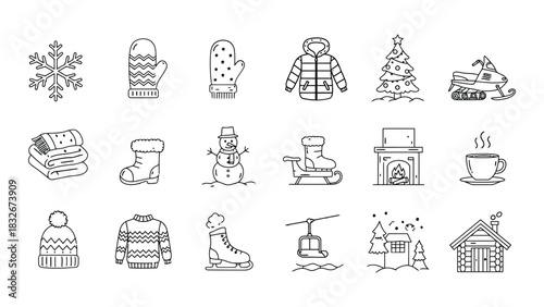 A collection of charming, hand-drawn black and white icons depicting winter themes like clothing, holiday decorations, and cozy scenes.
