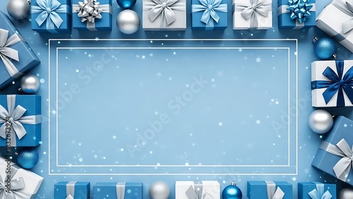Fototapeta Naklejka Na Ścianę i Meble -  Blue christmas gift boxes border with copy space frame