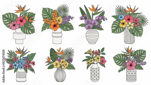 Vase with flowers. Various plants in ceramic vases. Tropical blooming flower, leaves. Modern pottery with bouquets for interior decor vector set. Beautiful floral elements for decoration
