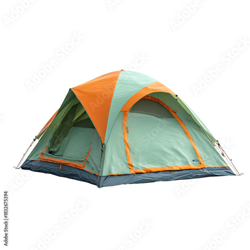 Vibrant Green and Orange Camping Tent Isolated on White Background for Outdoor Adventure Concept