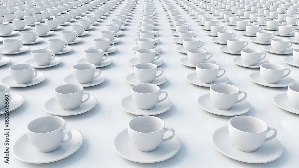 Fototapeta premium Endless rows of white coffee cups and saucers create a symmetrical modern pattern