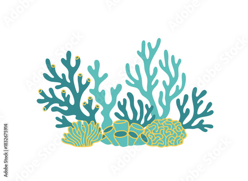 Stylized Underwater Coral Reef Scene With Teal Blue and Yellow Accents on Black Background Vector Illustration