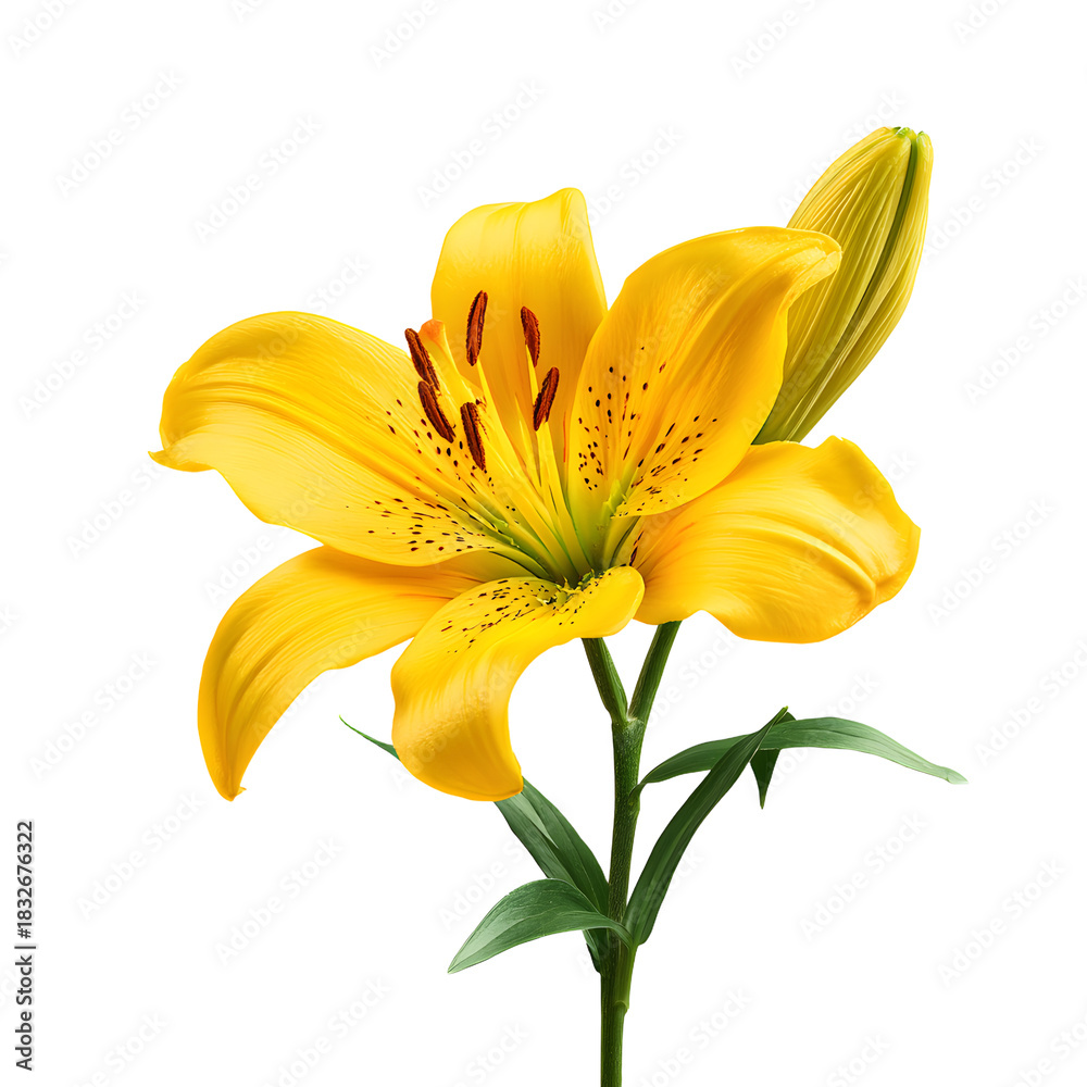 Obraz premium Vibrant Yellow Lily Flower Blooming Isolated on White Background