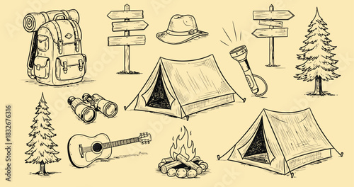 Hand drawn camping and outdoor adventure gear collection with trees and campfire