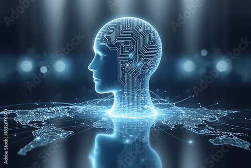 AI and Machine Learning Robot Appearing on Big Data Network with Global Map, Science and Artificial Intelligence Technology for Futuristic Innovation