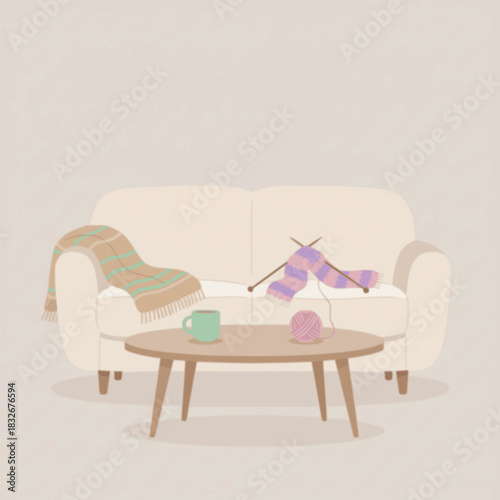 Soft knitting break on sofa with mug