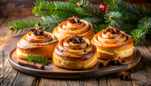 Rustic Wooden Platter of Sweet Baked Pastries with Cinnamon and Star Anise Accents on a Holiday Table