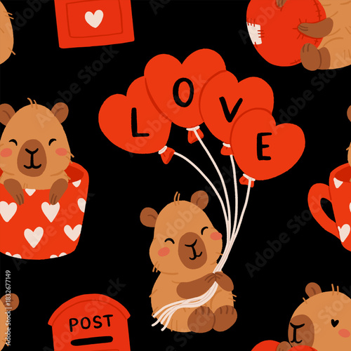 Cute Valentine Capybara Clipart Seamless pattern. Loving Capybaras with Hearts, Gifts, and Romantic Elements, Adorable Flat Cartoon Vector Illustration, romantic kawaii animals