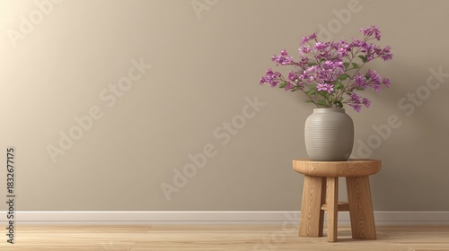 Floral arrangement in a vase sits on a wooden stool against a plain wall.