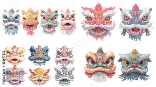 Colorful lion dance mask illustration set with expressive faces, ornate details and cultural festive motifs. Ideal for celebration themes, traditional events and creative design projects.