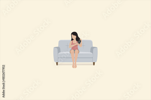 Vector Illustration of a woman sitting on a sofa while brushing her hair, showing a simple daily self-care activity in a calm indoor setting.