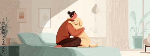 Comforting moment shared between a woman and her dog in a cozy bedroom during a quiet afternoon