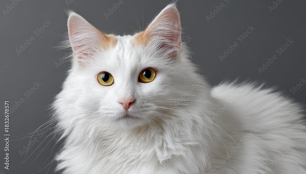 Fototapeta premium Turkish Angora Cat with Soft White Fur and Expressive Eyes Poses Gracefully on Gray Background