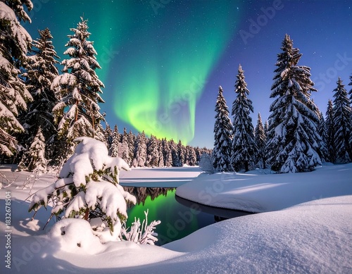 Serene Aurora Borealis Above Snowy Cabin in Winter Landscape