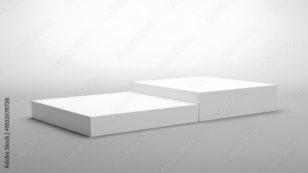 Naklejka premium Geometric cube shadow scene, Empty white abstract table - platform with empty space for product placement and design solutions, blank illuminated white background, blank bright step platform white bac