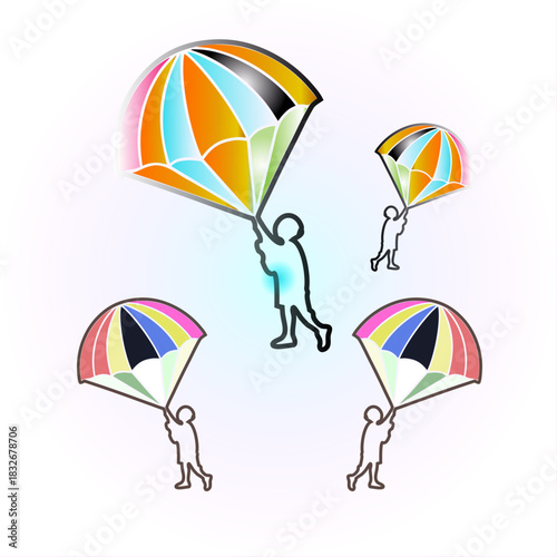 Colorful Stylized Parachuting Figures with Segmented Canopies [Converted].eps
