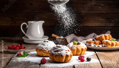 Delicious Bakery Pastries Arranged on Rustic Wooden Table with Powdered Sugar and Fresh Berries