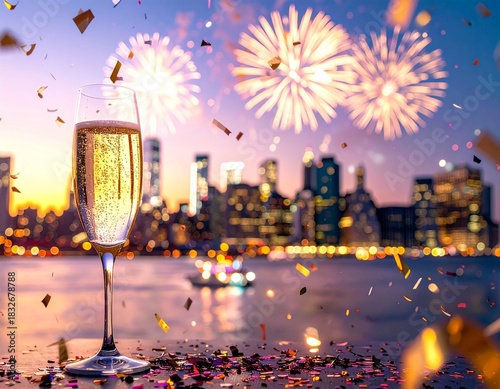 Colorful Fireworks Lighting Up Modern City Skyline at Night