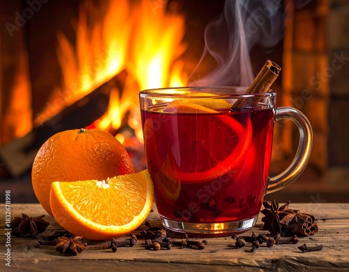 Hot Mulled Tea with Citrus and Cinnamon by Cozy Fireplace
