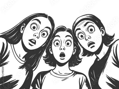shocked girls staring downward with wide eyes and open mouths in surprise sketch engraving generative ai fictional character vector illustration. Scratch board imitation. Black and white image.