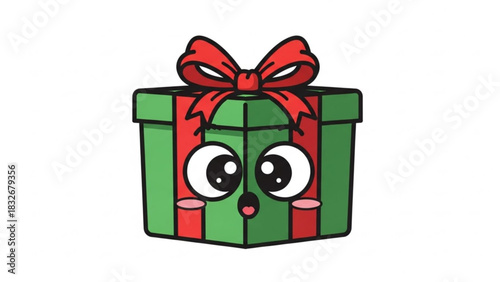 A cute cartoon green gift box with a red ribbon and a surprised expression perfect for holiday celebrations and special occasions