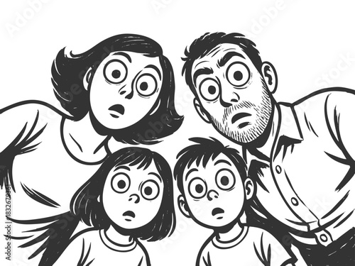 shocked family of four peering downward with wide-eyed, exaggerated expressions of surprise sketch engraving generative ai fictional character vector illustration. Scratch board. Black and white image