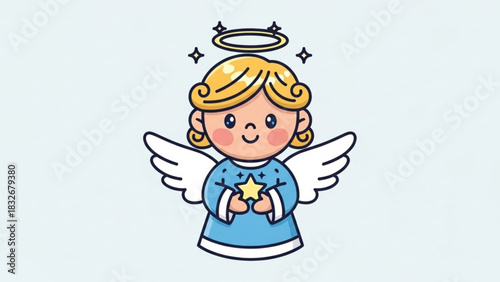 Cute cartoon angel with blonde hair blue eyes and wings holding a glowing star with a halo and sparkles on a light blue background